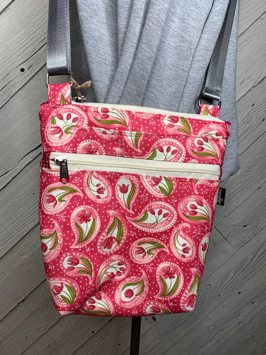 Pink paisley and tulip crossbody purse, women's crossbody bag, hipster bag, messenger bag, adjustable crossbody bag, women's handbag