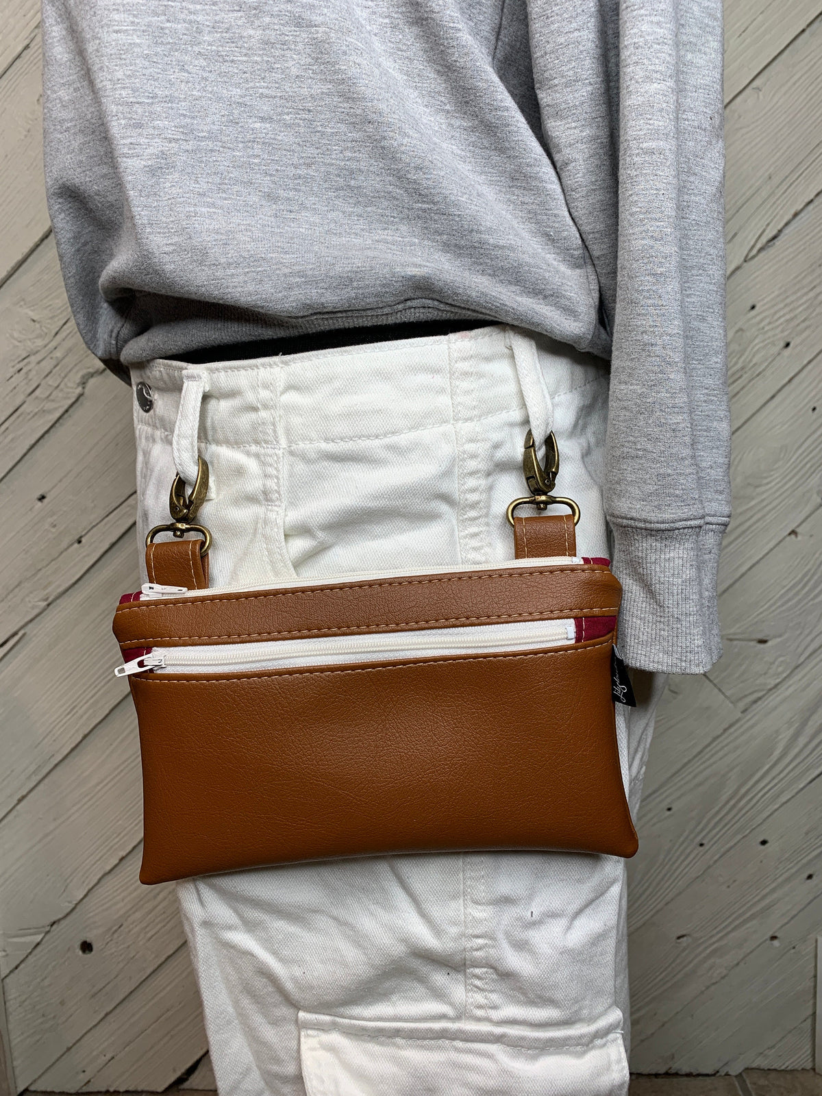Hip pouch with brown faux leather, fanny pack, motorcycle hip bag, belt bag, hip purse, hip bag