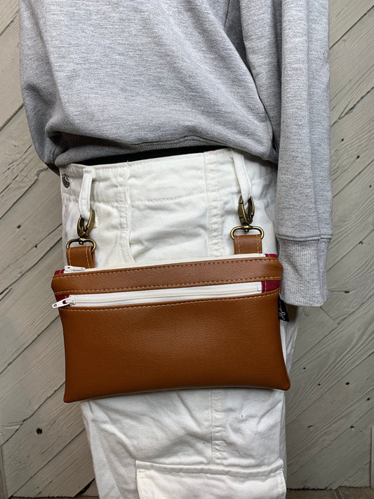 Hip pouch with brown faux leather, fanny pack, motorcycle hip bag, belt bag, hip purse, hip bag