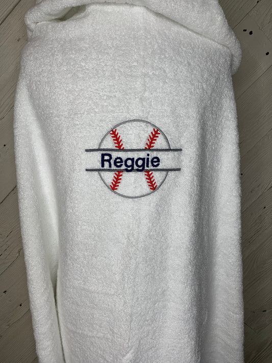 Baseball hooded bath towel for teens or adults, personalized adult hooded beach towel, full size towel, teen bath towel, teen beach towel