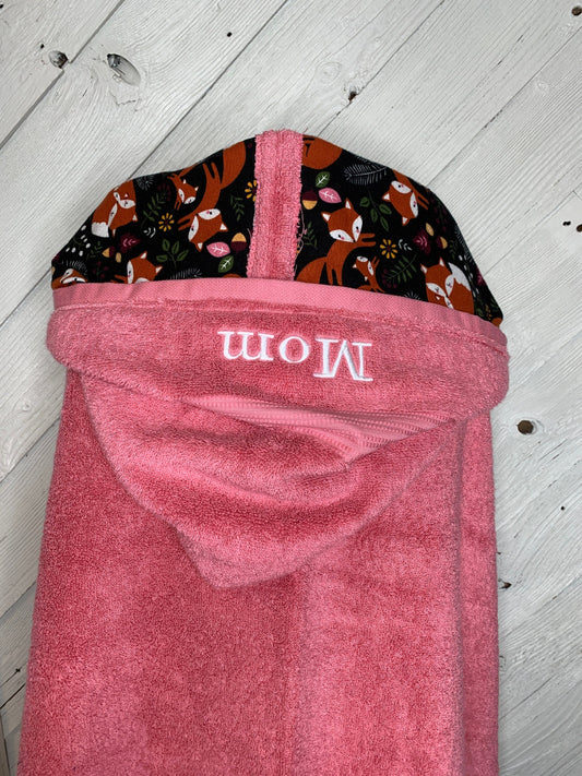 Hooded bath towel for teens or adults with optional fox flannel, large tween hooded bath towel, personalized adult hooded beach towel