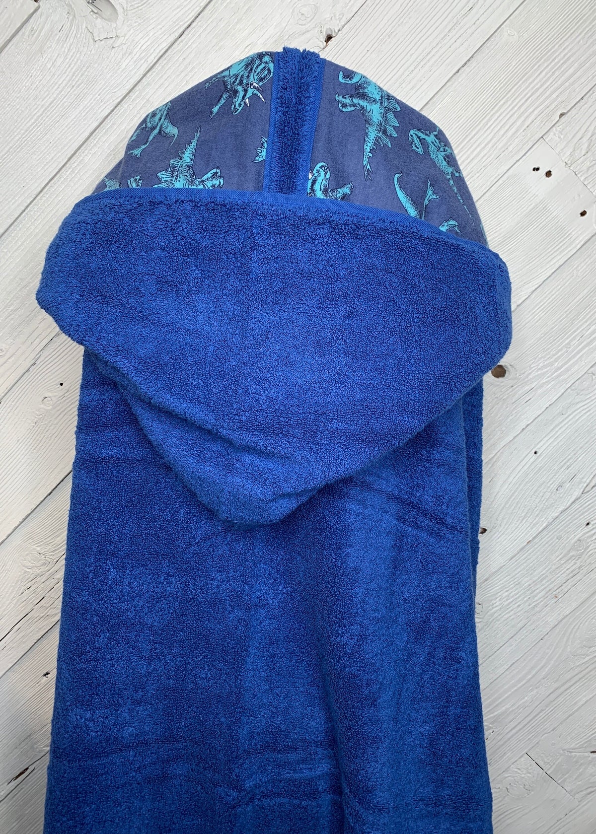 Adult or teen hooded bath towel with optional dinosaur flannel, personalized adult hooded beach towel