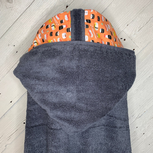 Hooded bath towel for teens and adults with optional sushi flannel, large tween hooded towel, personalized teen towel, full size teen towel