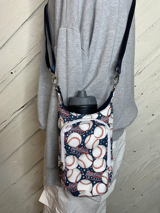 Water bottle bag with baseball fabric, adjustable crossbody bag, gift for hiker, walking bag, water bottle carrier