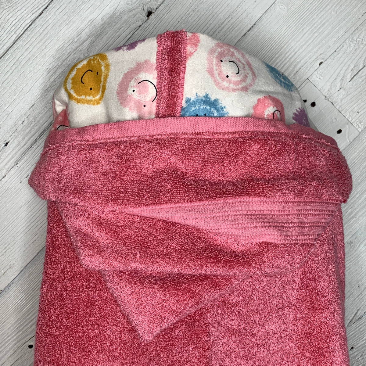 Adult or teen sized hooded bath towel with optional smiley face flannel, personalized adult hooded beach towel, hippie hooded towel