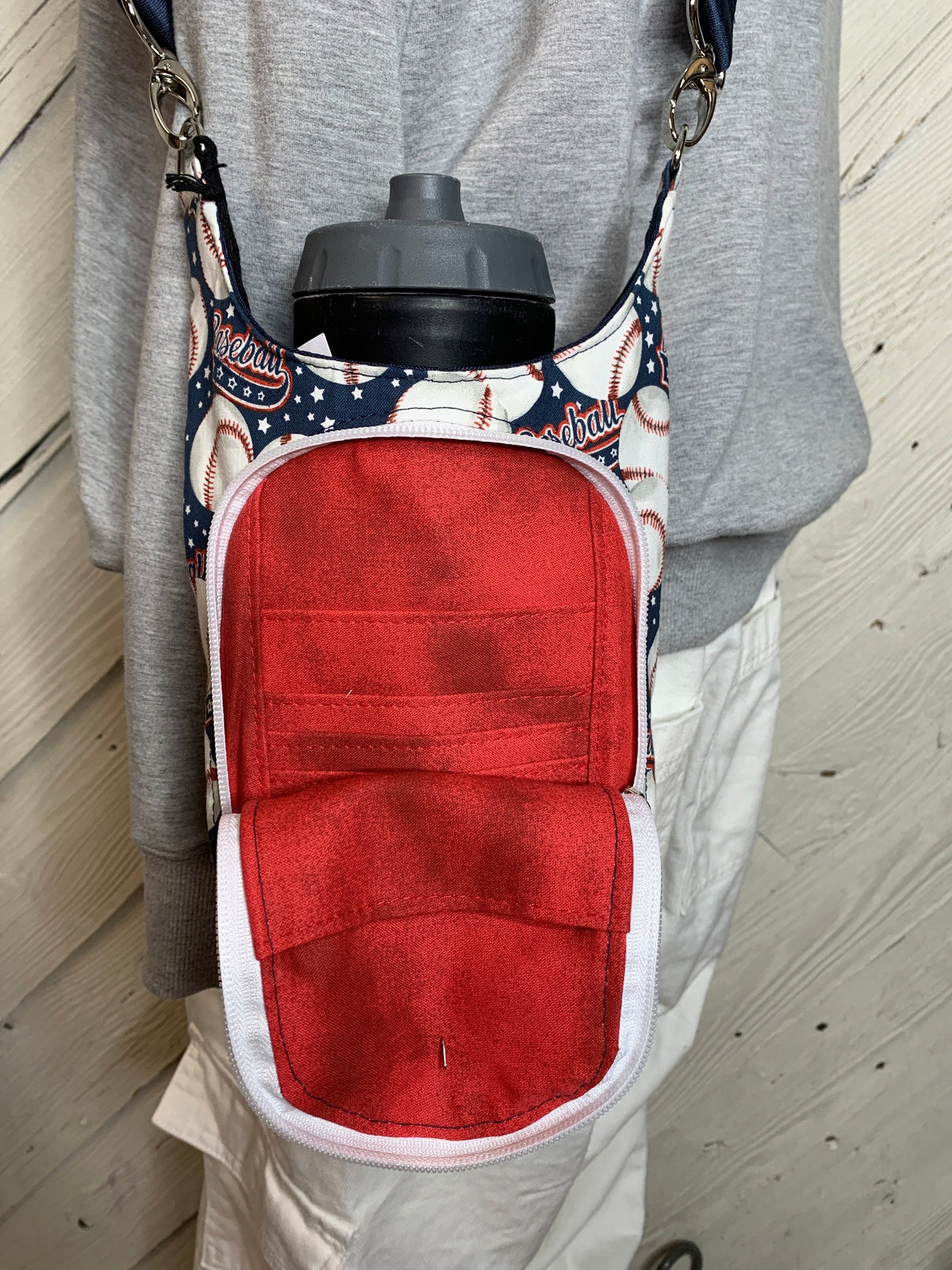 Water bottle bag with baseball fabric, adjustable crossbody bag, gift for hiker, walking bag, water bottle carrier