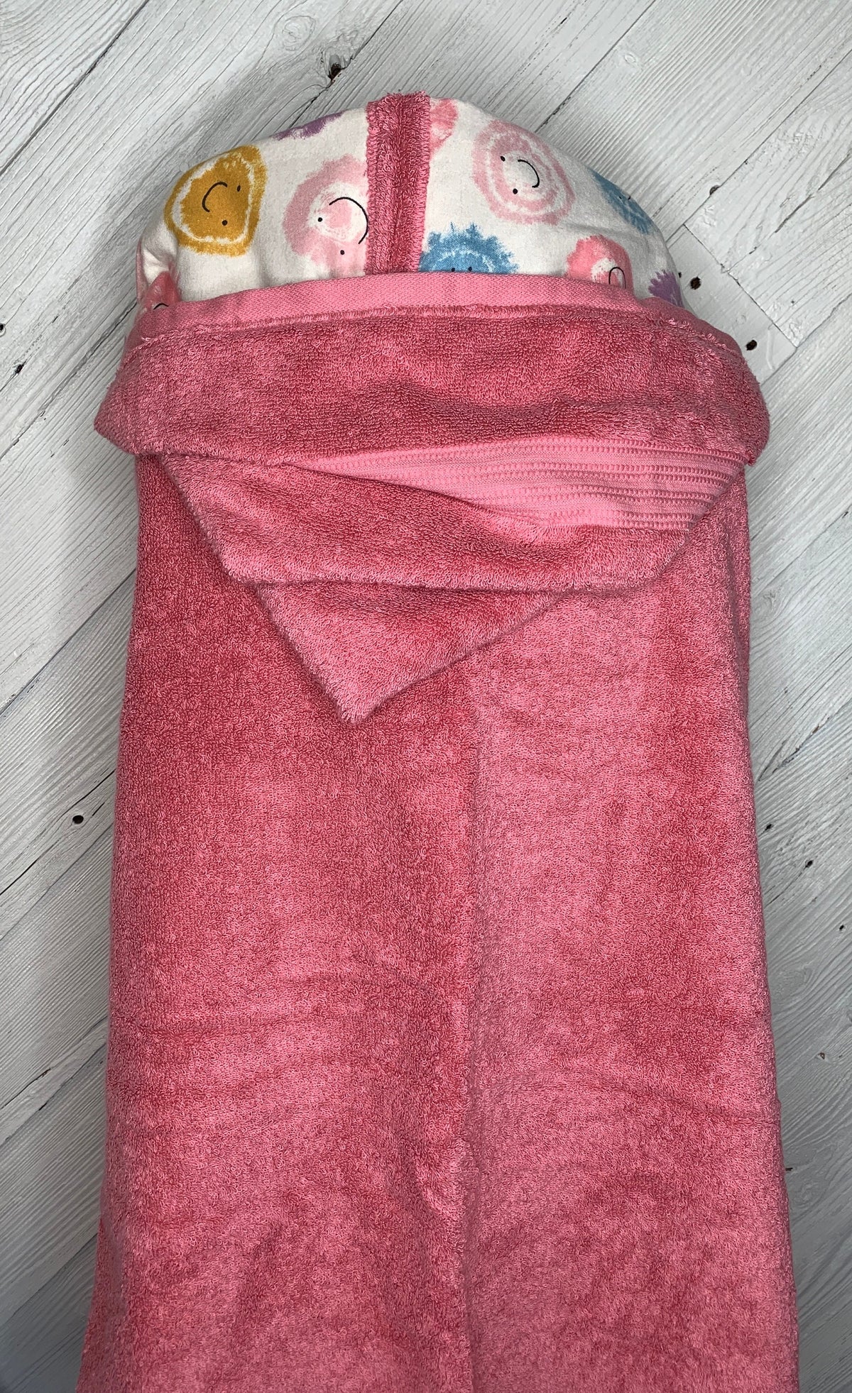 Adult or teen sized hooded bath towel with optional smiley face flannel, personalized adult hooded beach towel, hippie hooded towel