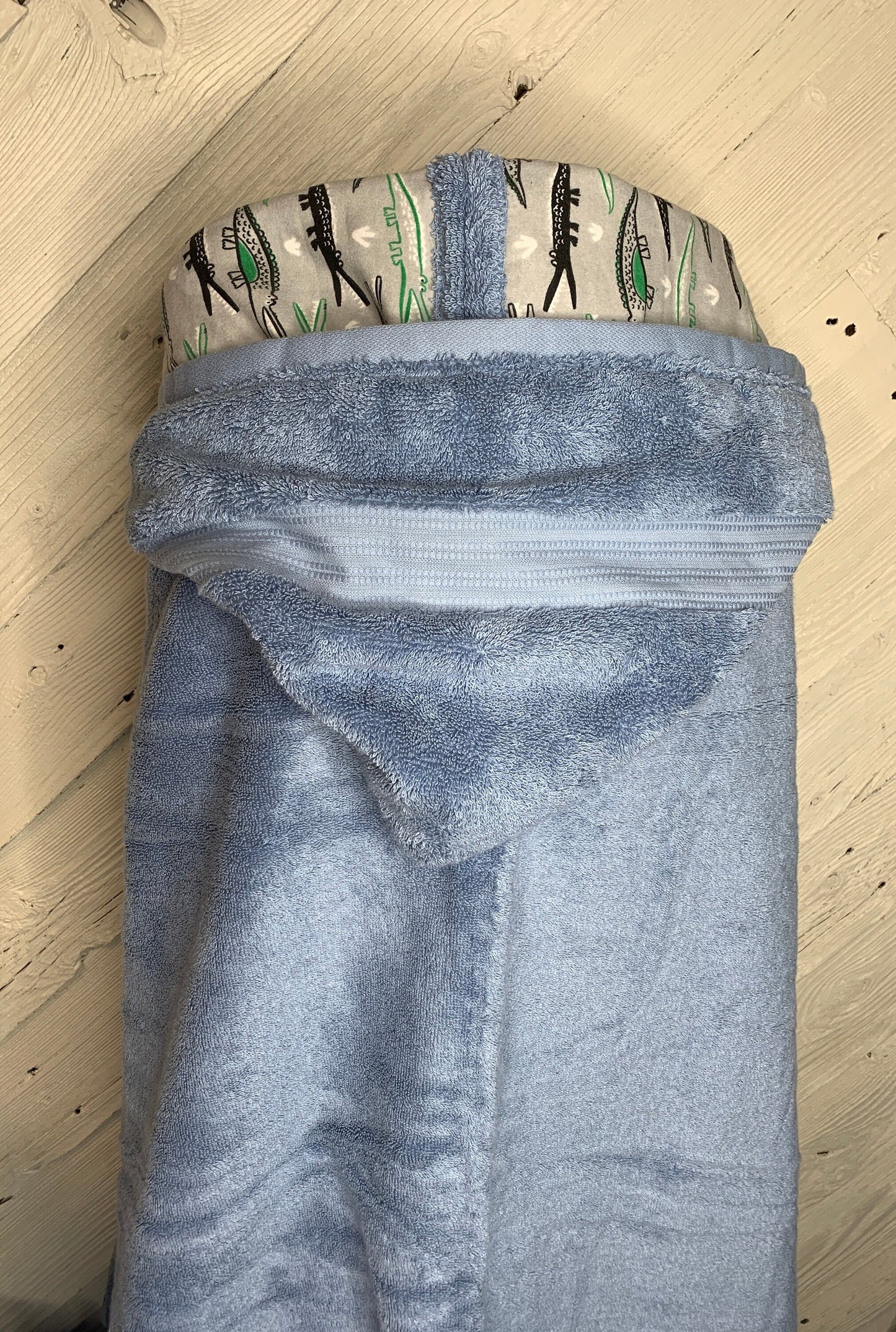 Water Blue Adult Hooded Bath Towel with Alligator Flannel Lining on Hood