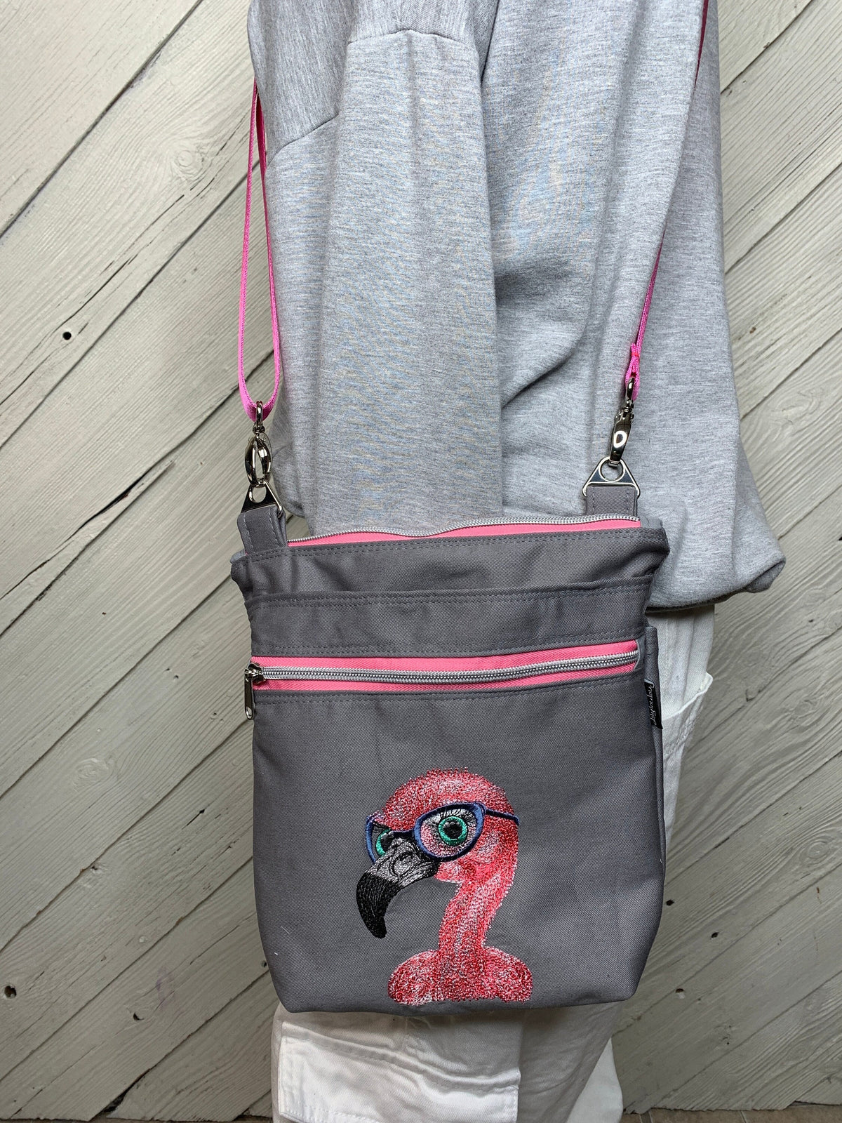 Crossbody purse with flamingo embroidery, women's crossbody bag, hipster bag,  adjustable crossbody bag,women's handbag