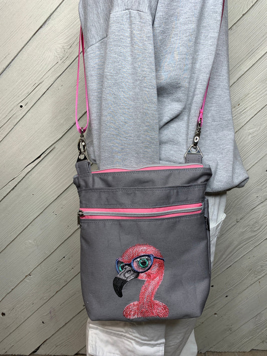 Crossbody purse with flamingo embroidery, women's crossbody bag, hipster bag,  adjustable crossbody bag,women's handbag