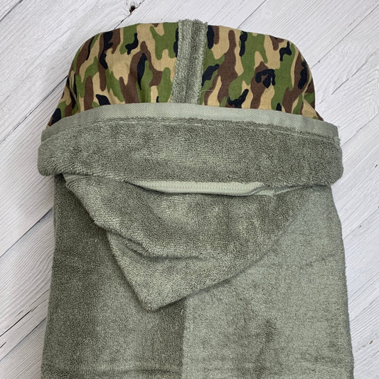 Hooded bath towel for adults or teens with optional camouflage flannel, personalized adult hooded beach towel