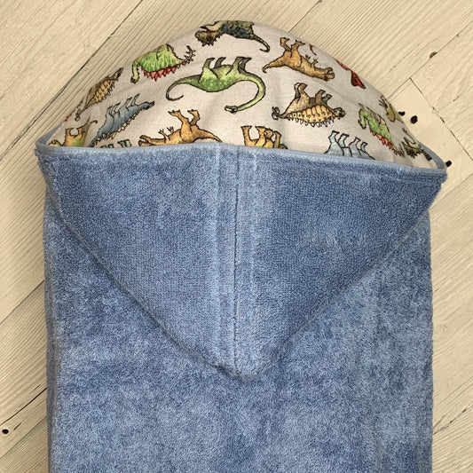 Water Blue Kid's Hooded Bath Towel with Dinosaur Lining on Hood