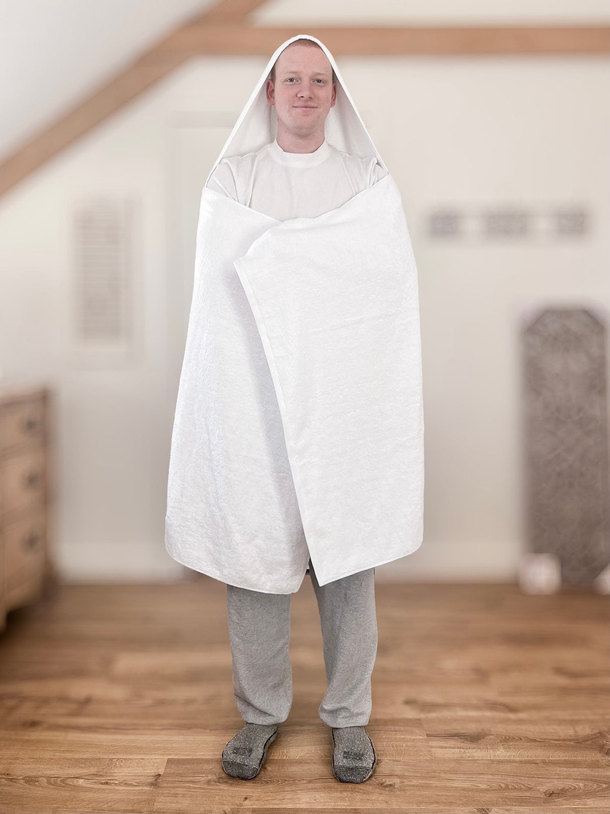 White teen or adult hooded bath towel