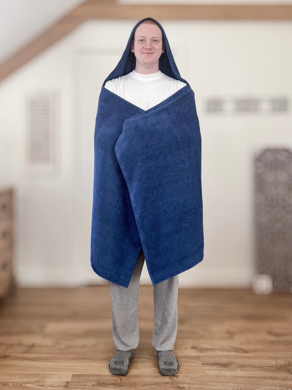 Dark blue hooded bath towel for teen or adult