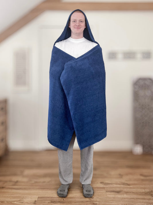 Dark blue hooded bath towel for teen or adult