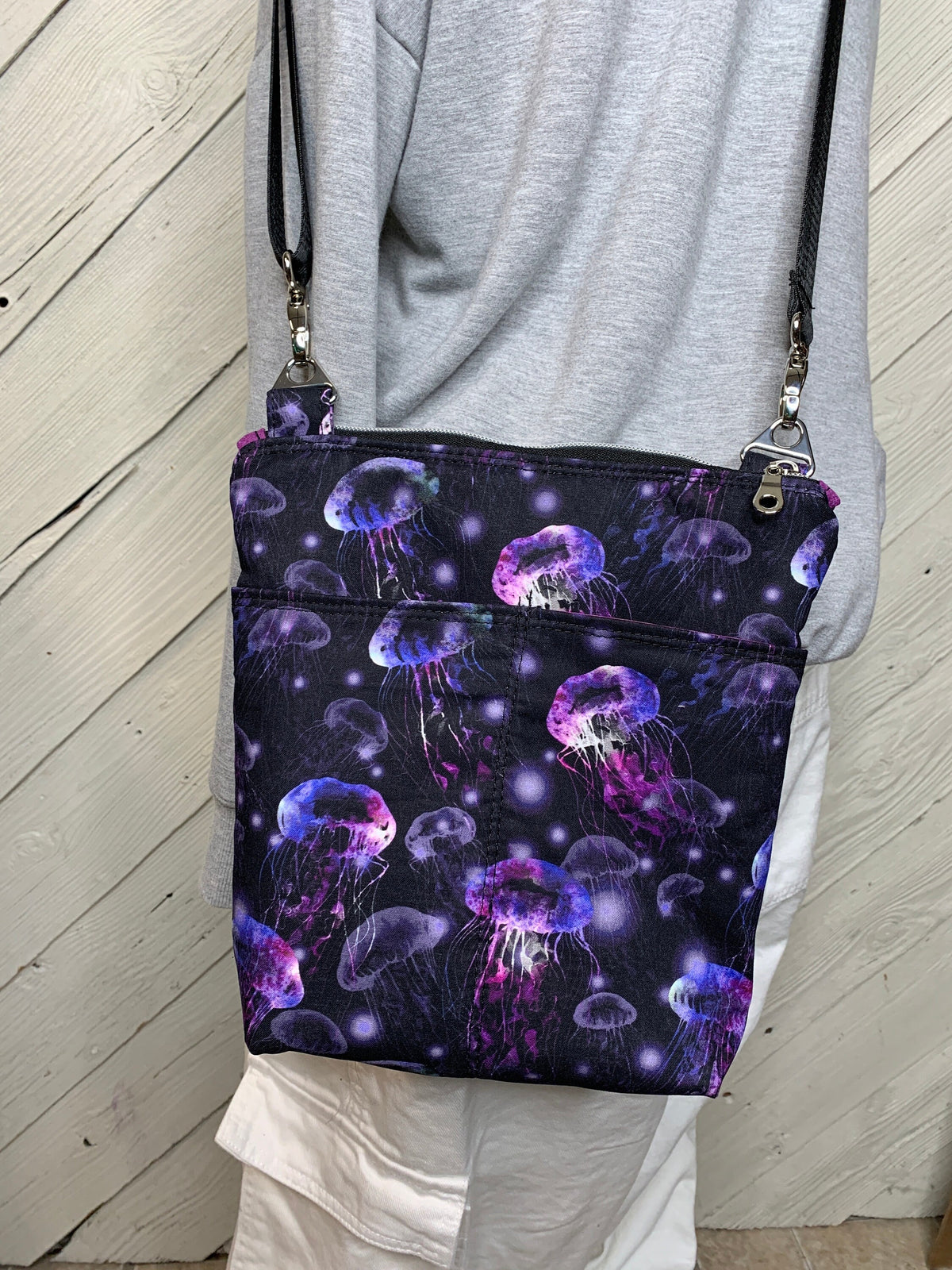 Black with purple jellyfish crossbody purse, women's crossbody bag, hipster bag, messenger bag, adjustable crossbody bag, women's handbag
