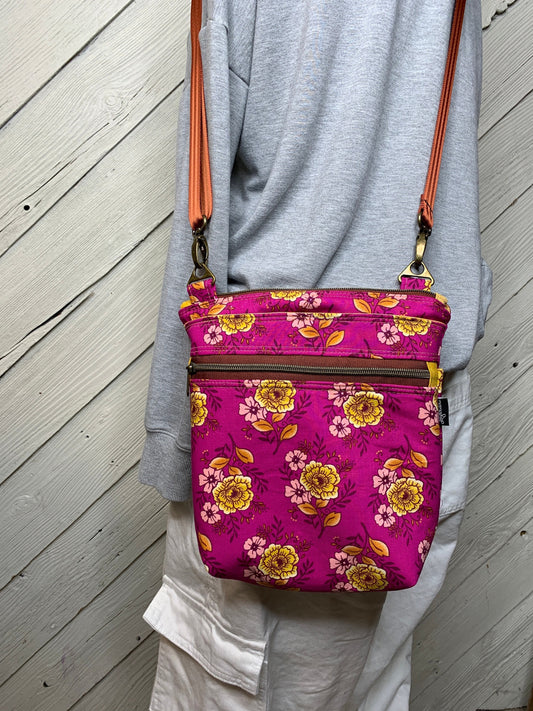 Pink with yellow flowers crossbody purse, women's crossbody bag, hipster bag, messenger bag, adjustable crossbody bag, women's handbag