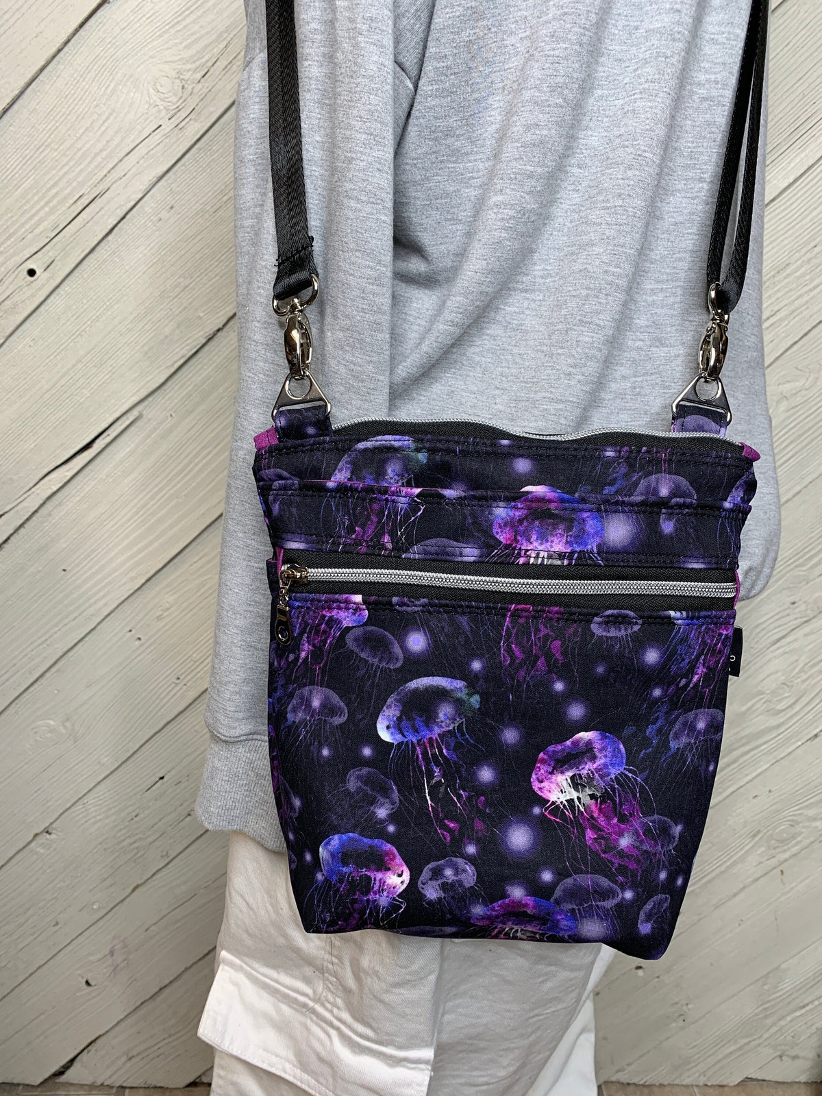 Black with purple jellyfish crossbody purse, women's crossbody bag, hipster bag, messenger bag, adjustable crossbody bag, women's handbag