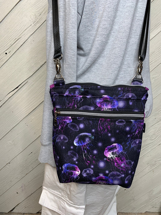 Black with purple jellyfish crossbody purse, women's crossbody bag, hipster bag, messenger bag, adjustable crossbody bag, women's handbag
