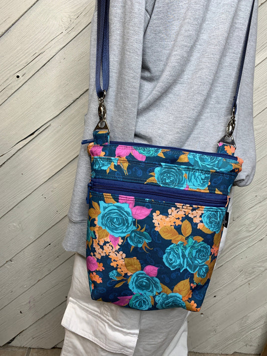 Blue floral crossbody purse, women's crossbody bag, hipster bag, messenger bag, adjustable crossbody bag, women's handbag