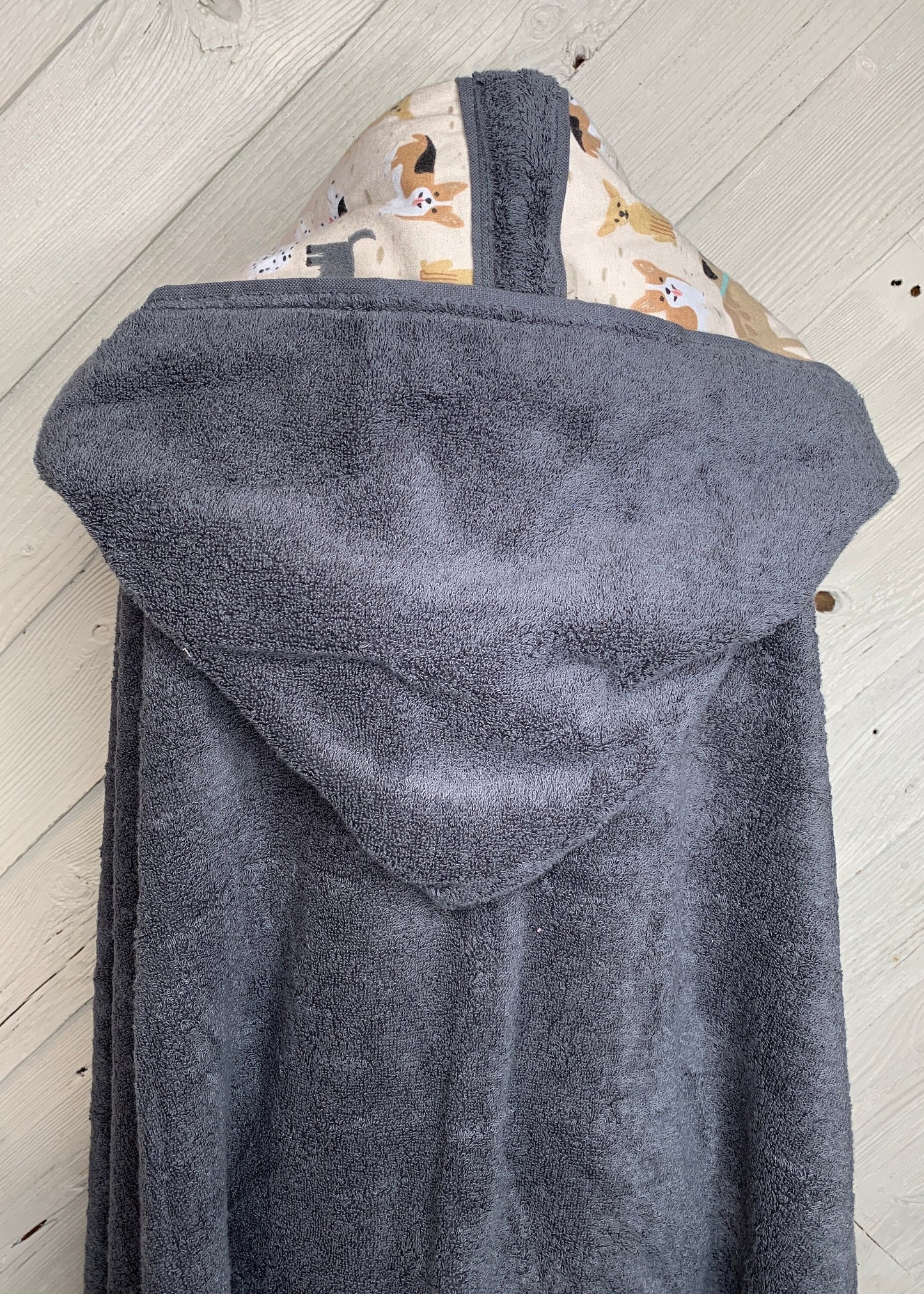 Gray Adult Hooded Bath Towel with Dogs Flannel Lining on Hood