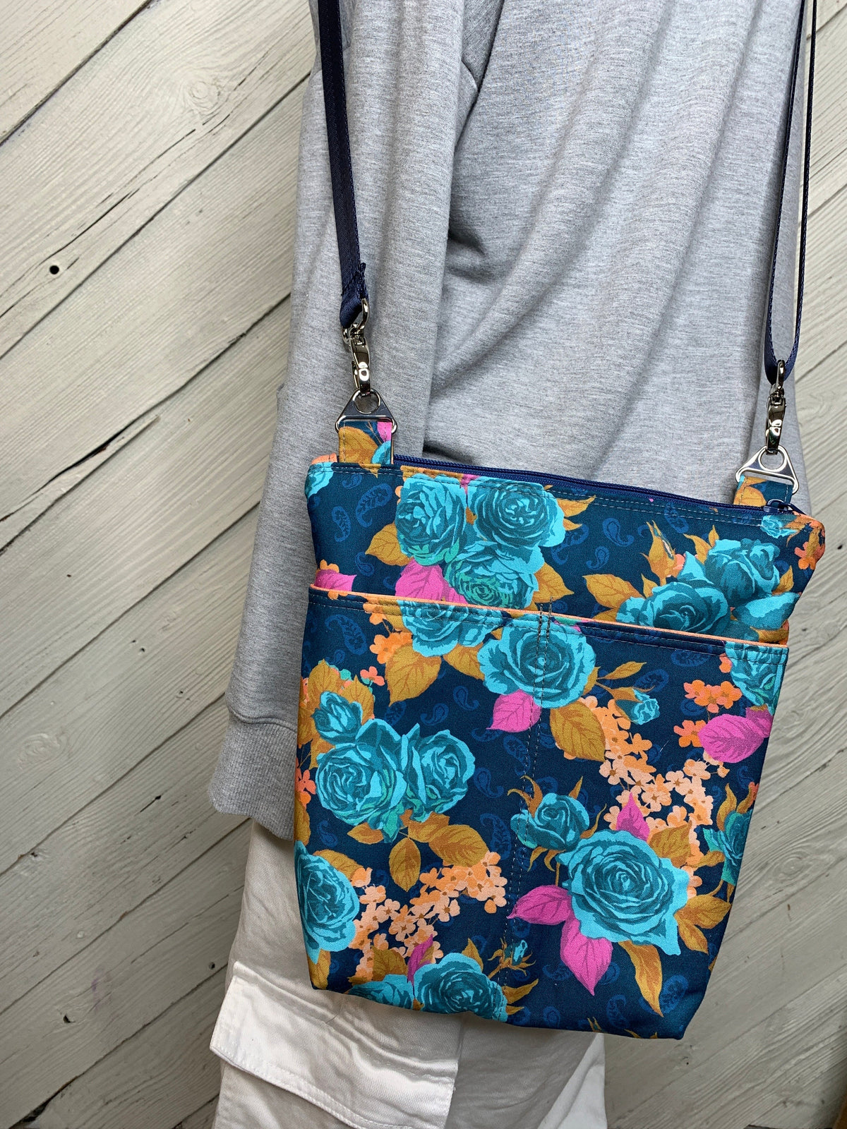 Blue floral crossbody purse, women's crossbody bag, hipster bag, messenger bag, adjustable crossbody bag, women's handbag