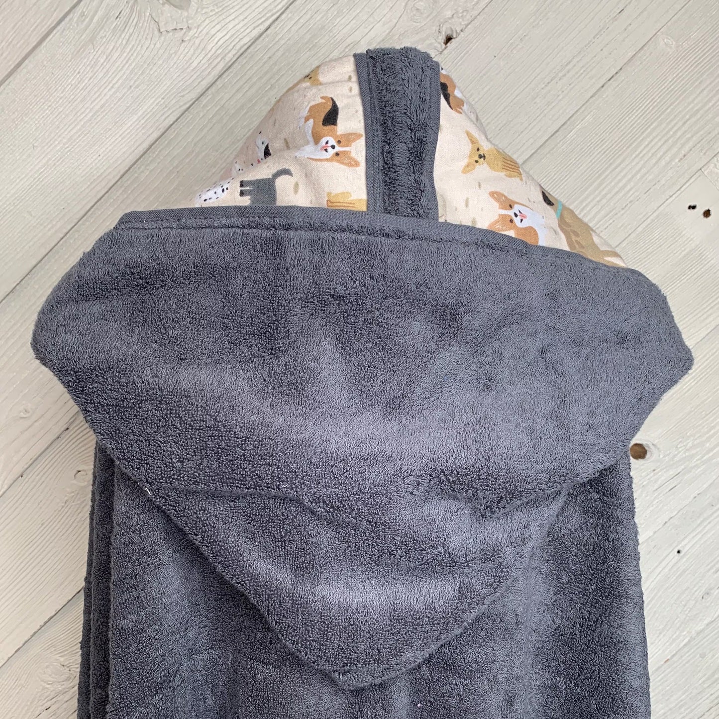 Gray Adult Hooded Bath Towel with Dogs Flannel Lining on Hood