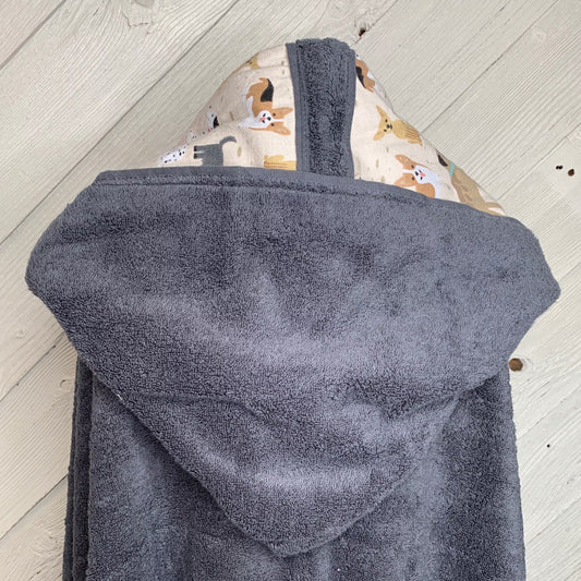 Gray Adult Hooded Bath Towel with Dogs Flannel Lining on Hood