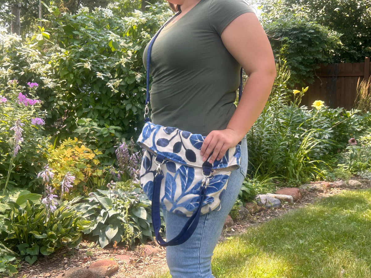 Blue leaves convertible woman's purse, handmade bag, ladies shoulder bag, large purse, women shoulder purse