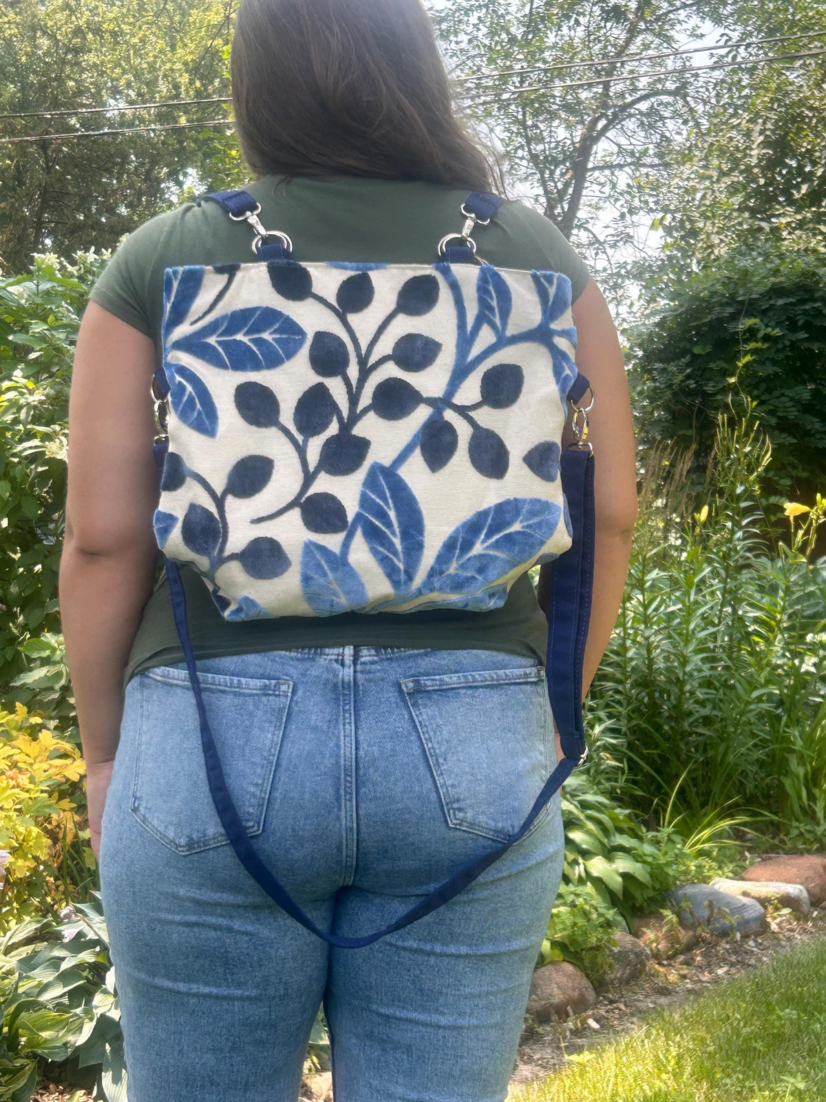 Blue leaves convertible woman's purse, handmade bag, ladies shoulder bag, large purse, women shoulder purse