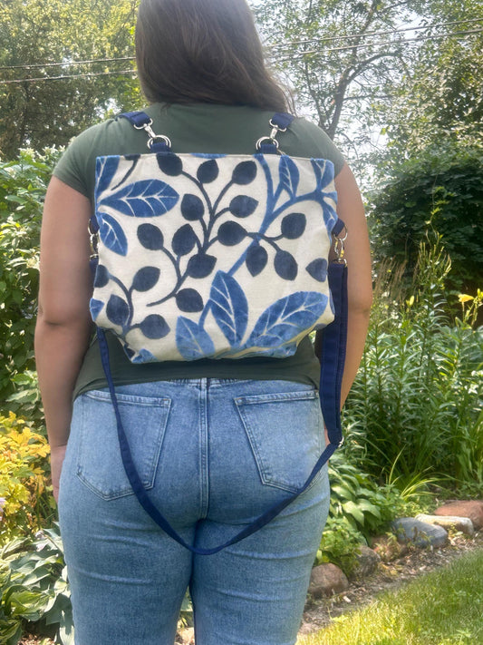 Blue leaves convertible woman's purse, handmade bag, ladies shoulder bag, large purse, women shoulder purse