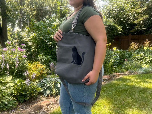 Gray with cat convertible woman's purse, handmade bag, ladies shoulder bag, large purse, women shoulder purse