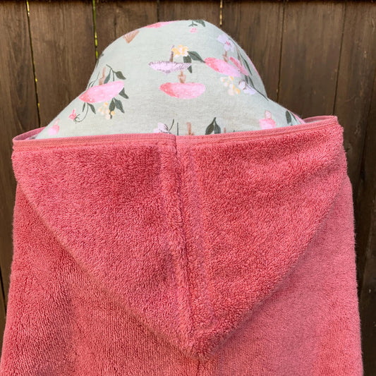 Rose Pink Kid's Hooded Bath Towel with Mushrooms Lining on Hood