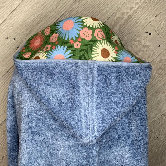 Water Blue Kid's Hooded Bath Towel with Flower Lining on Hood
