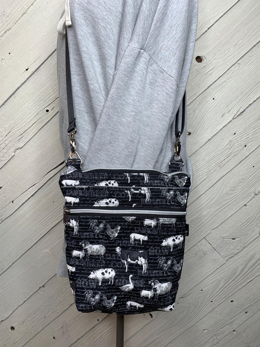 Black crossbody purse with farm animals, women's crossbody bag, adjustable crossbody bag, women's handbag