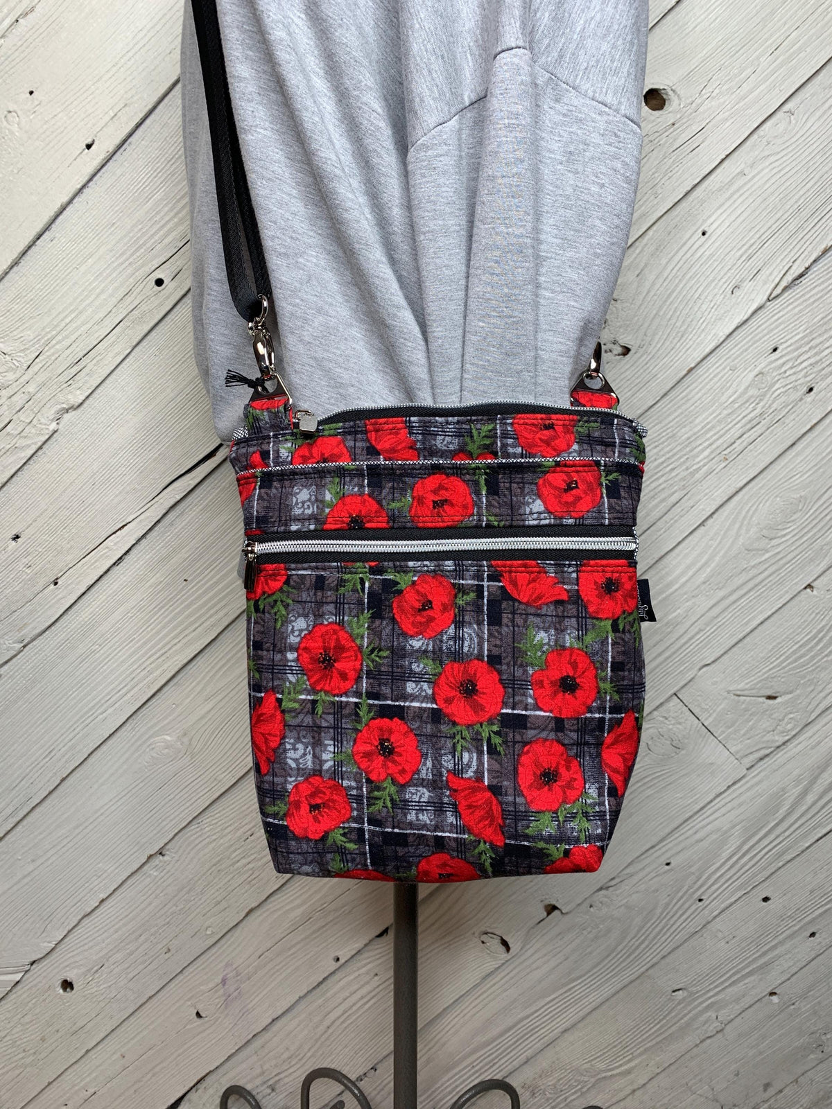 Black and gray with poppy print crossbody bag, women's crossbody purse, messenger bag, adjustable crossbody bag, women's handbag