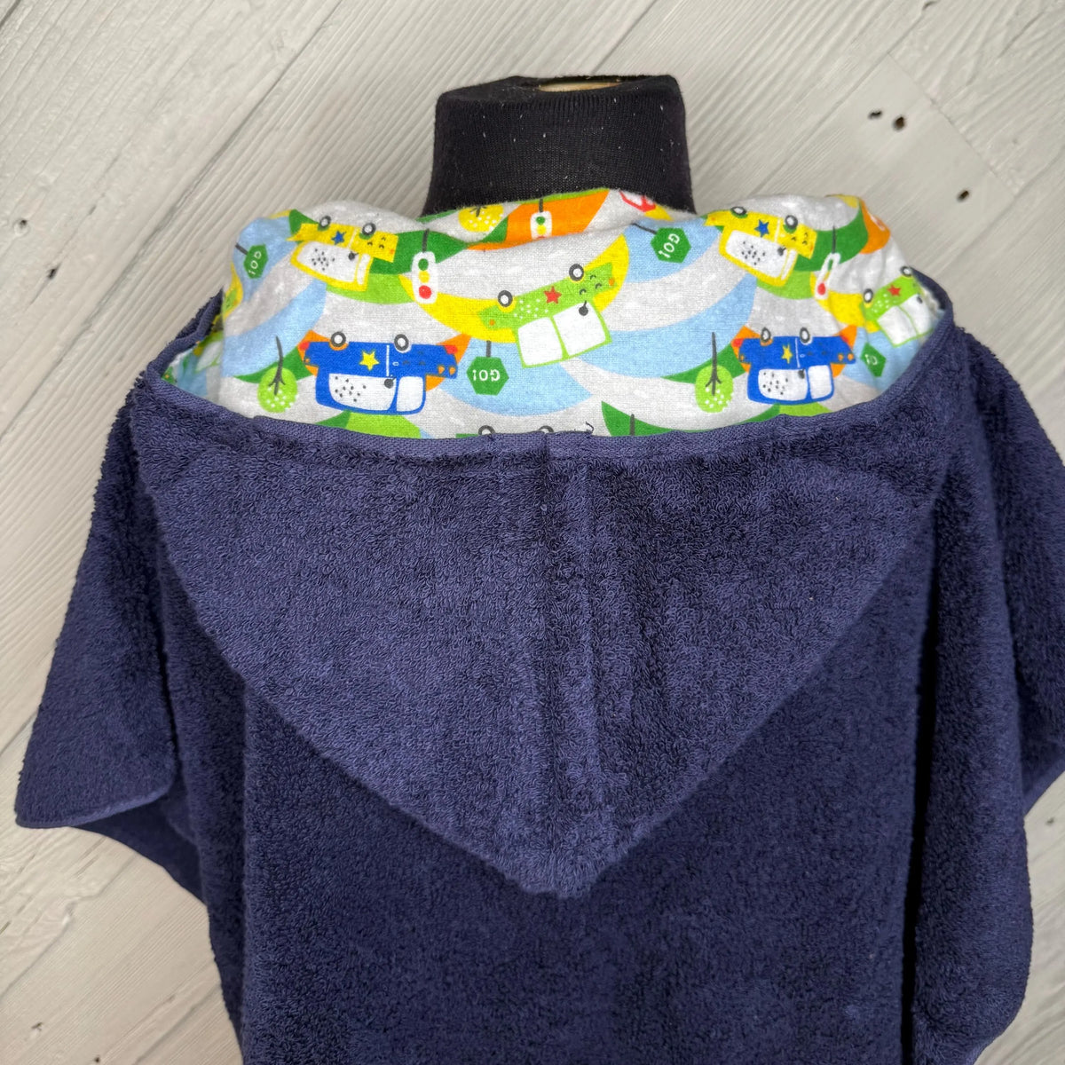 Dark Blue Kid's Hooded Bath Towel with Vehicle Lining on Hood