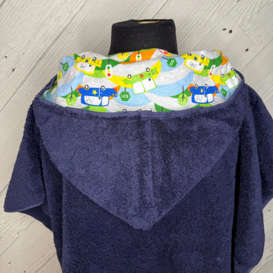 Dark Blue Kid's Hooded Bath Towel with Vehicle Lining on Hood