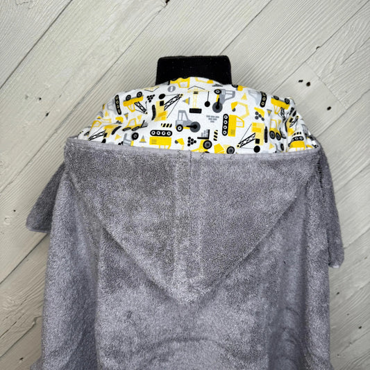 Gray Kid's Hooded Bath Towel with Construction Vehicles Lining on Hood