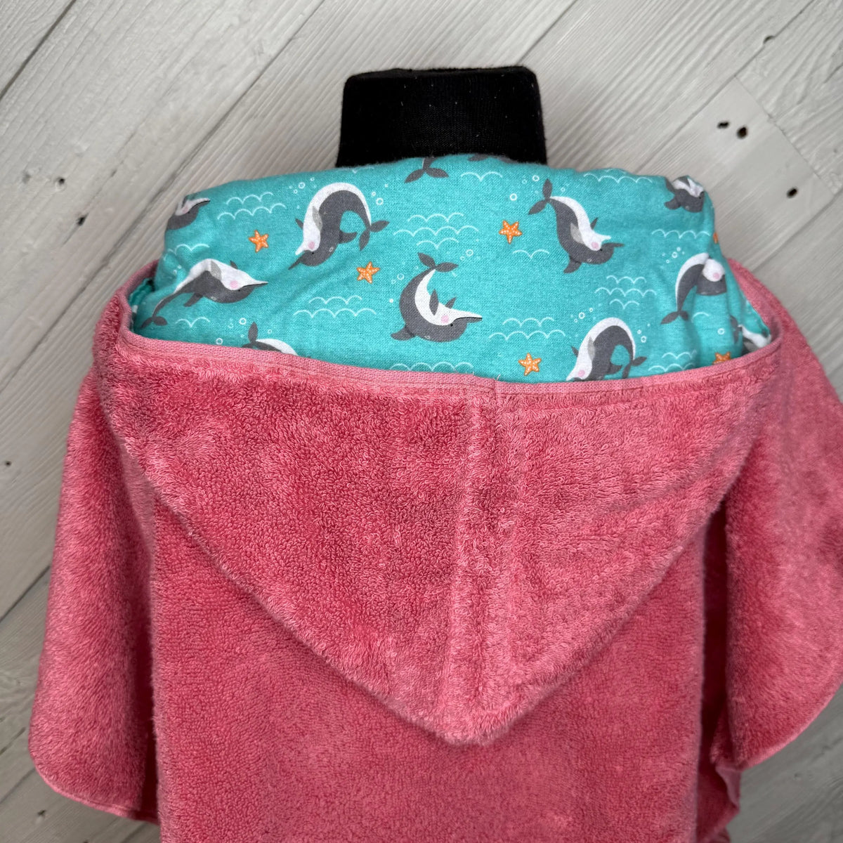 Rose Pink Kid's Hooded Bath Towel with Dolphin Lining on Hood