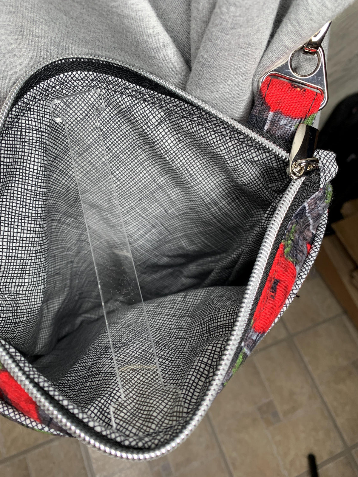 Black and gray with poppy print crossbody bag, women's crossbody purse, messenger bag, adjustable crossbody bag, women's handbag