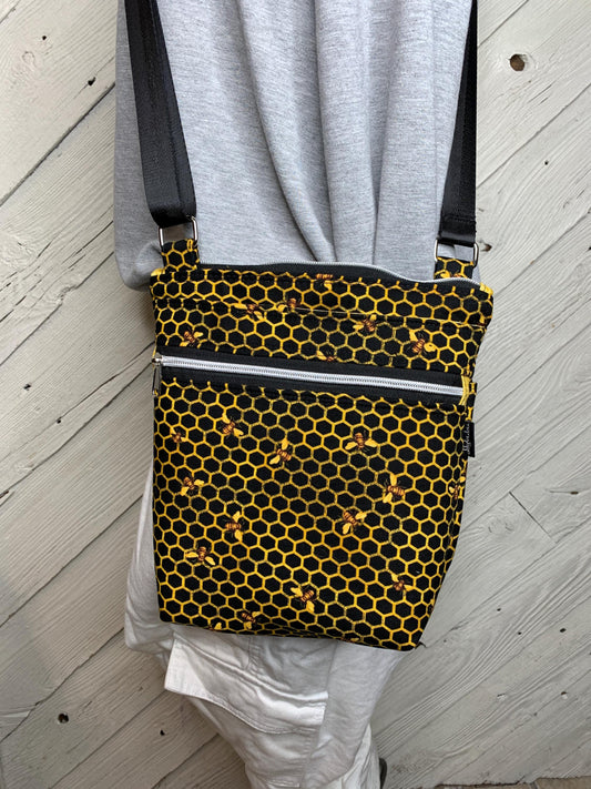 Black with yellow bees and honeycomb crossbody purse, women's crossbody bag, hipster bag, messenger bag, adjustable crossbody bag