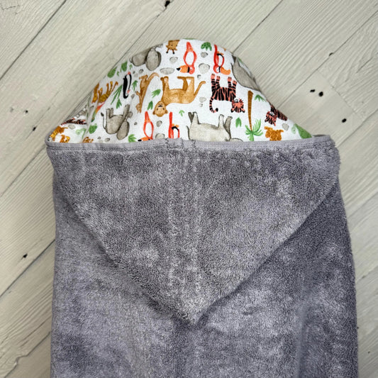 Gray Kid's Hooded Bath Towel with Zoo Animals Lining on Hood