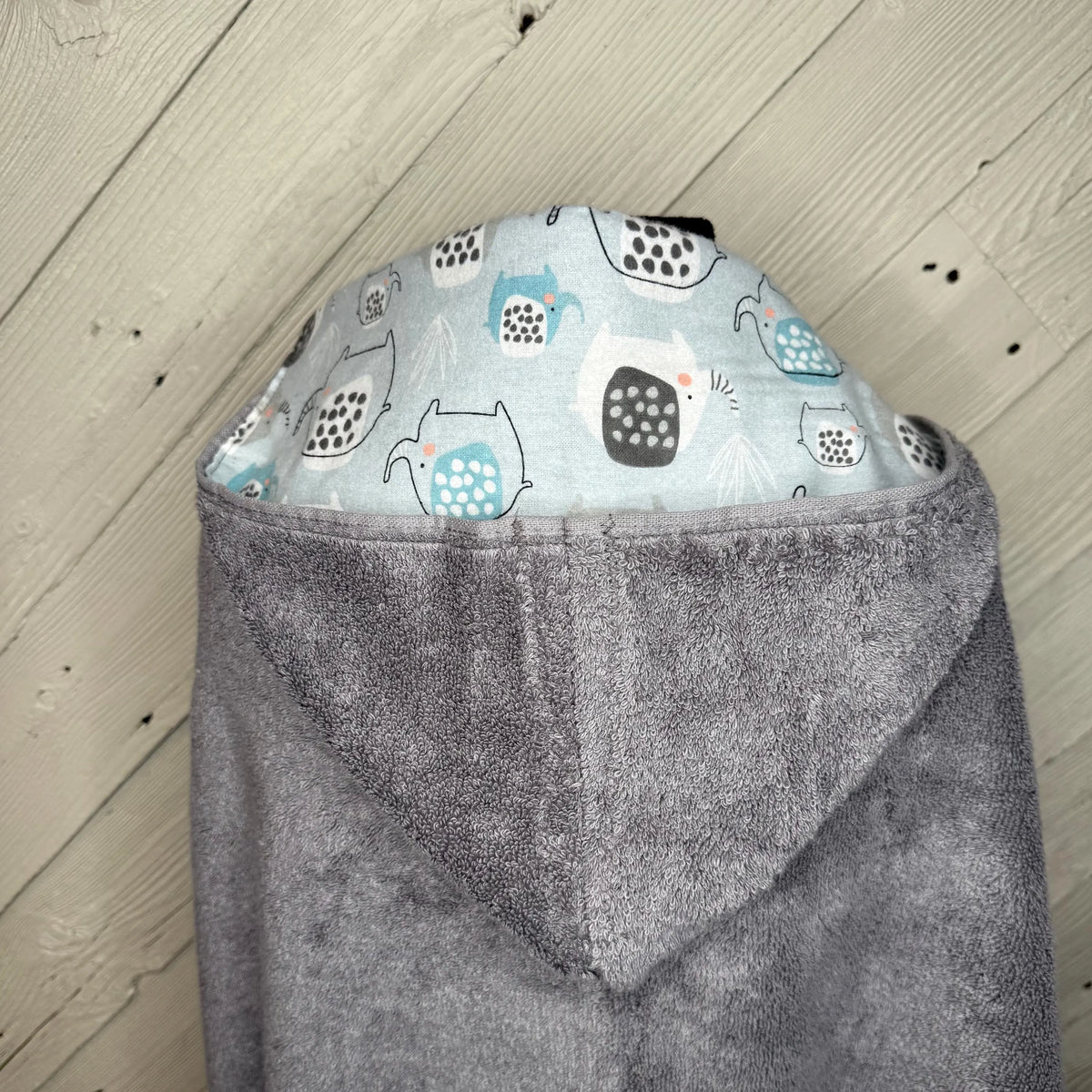 Gray Kid's Hooded Bath Towel with Elephant Lining on Hood