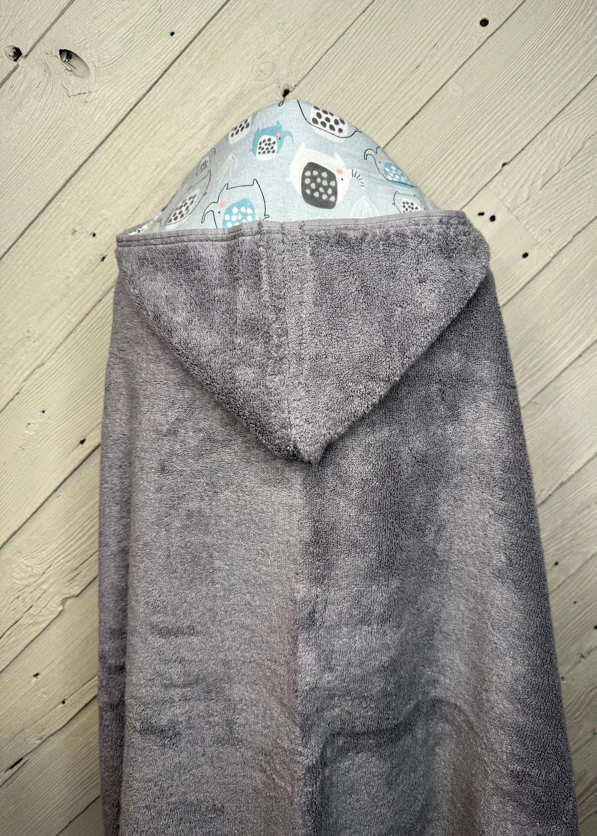 Gray Kid's Hooded Bath Towel with Elephant Lining on Hood