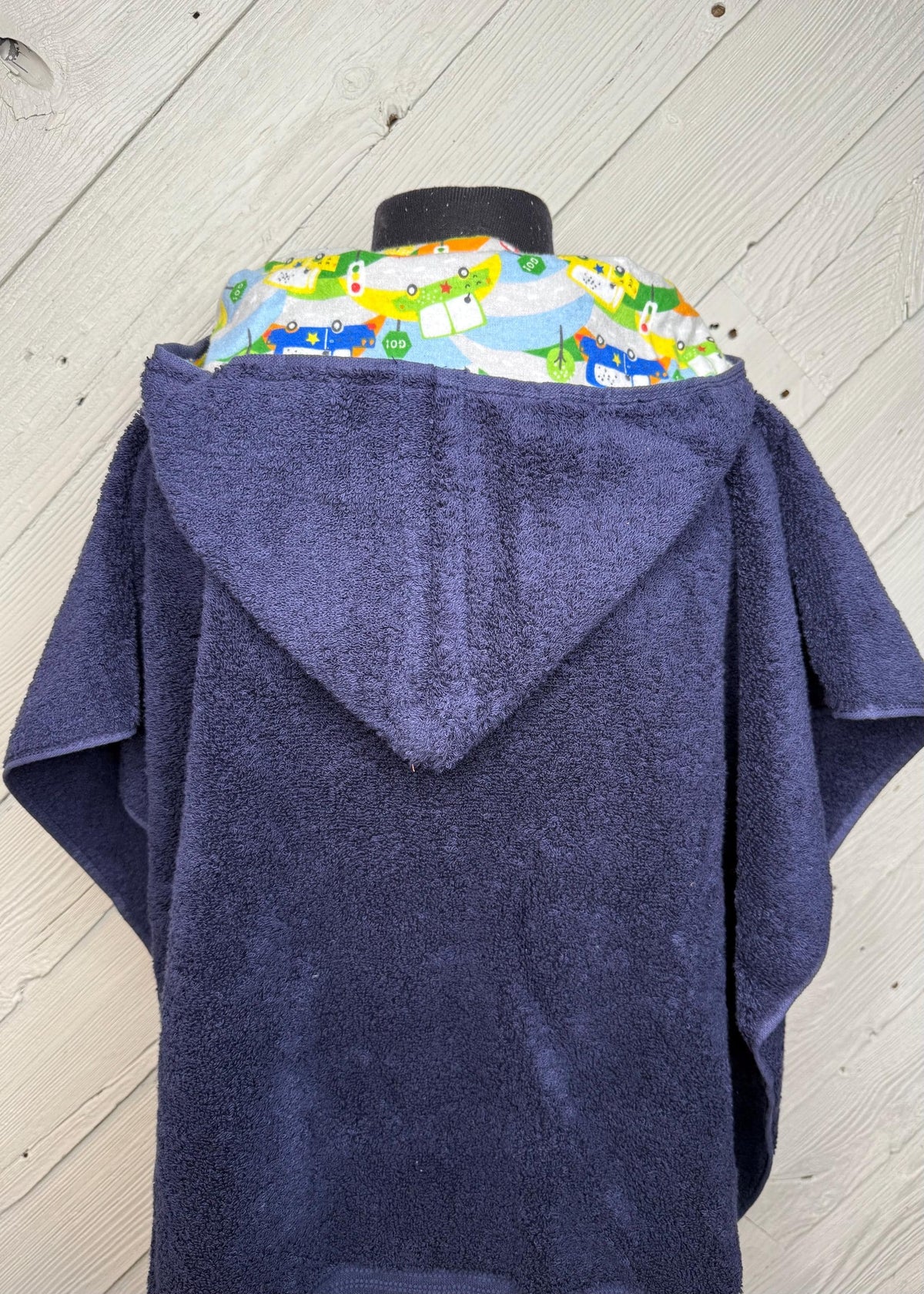 Dark Blue Kid's Hooded Bath Towel with Vehicle Lining on Hood