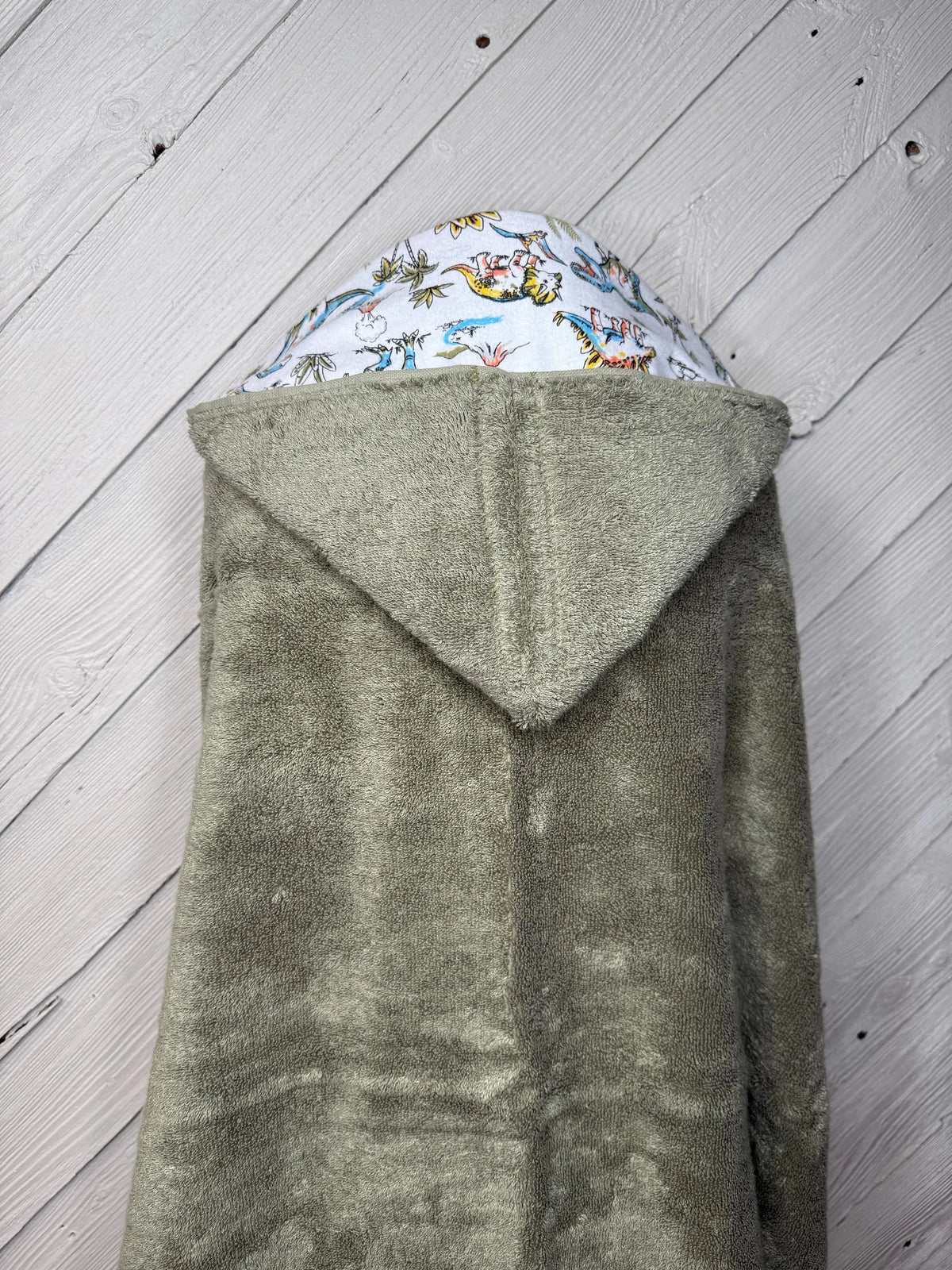 Olive Green Kid's Hooded Bath Towel with Dinosaur Lining on Hood