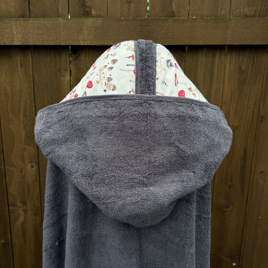 Gray Adult Hooded Bath Towel with Mushroom Flannel Lining on Hood