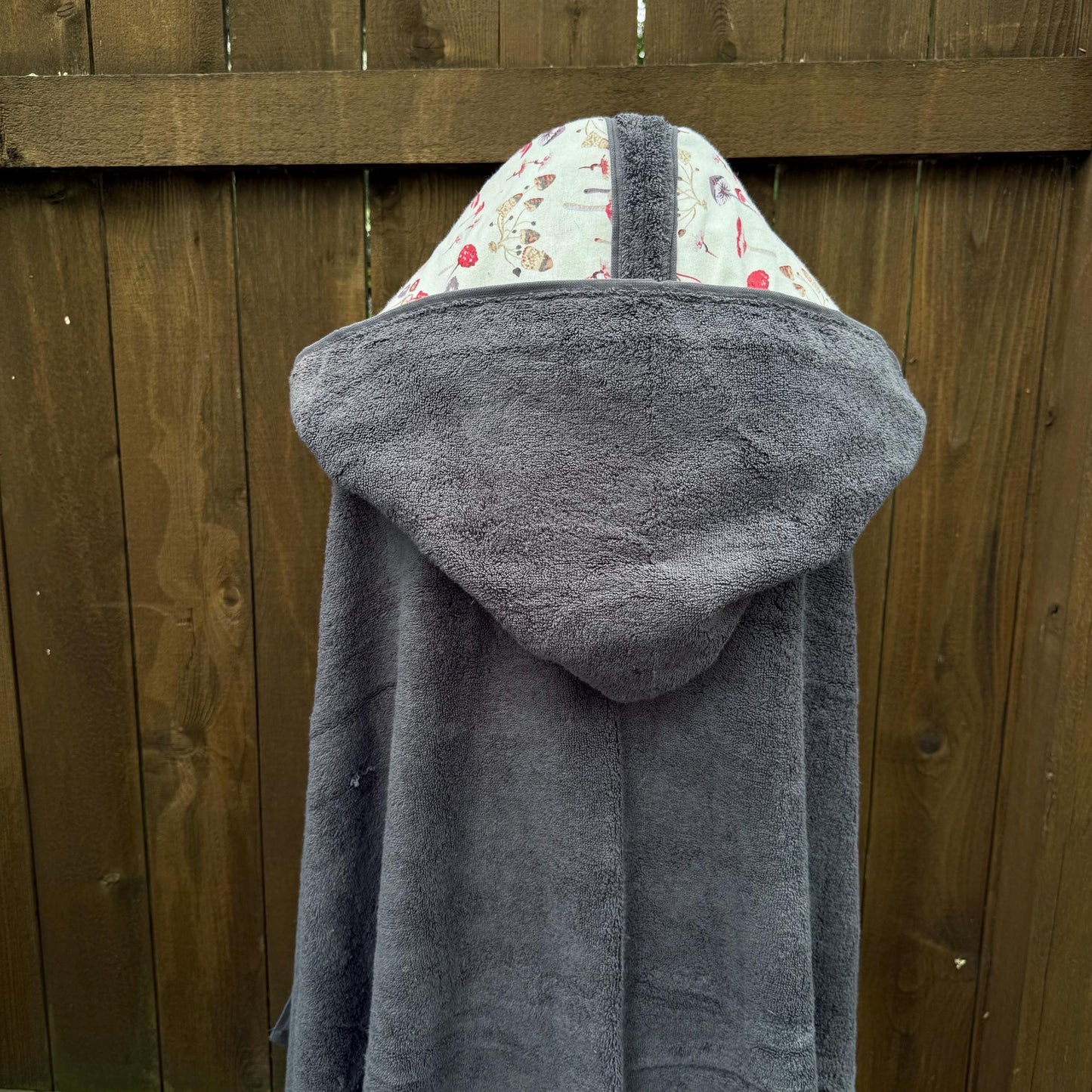 Gray Adult Hooded Bath Towel with Mushroom Flannel Lining on Hood