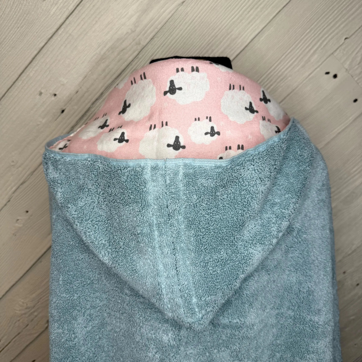 Water Blue Kid's Hooded Bath Towel with Sheep Lining on Hood